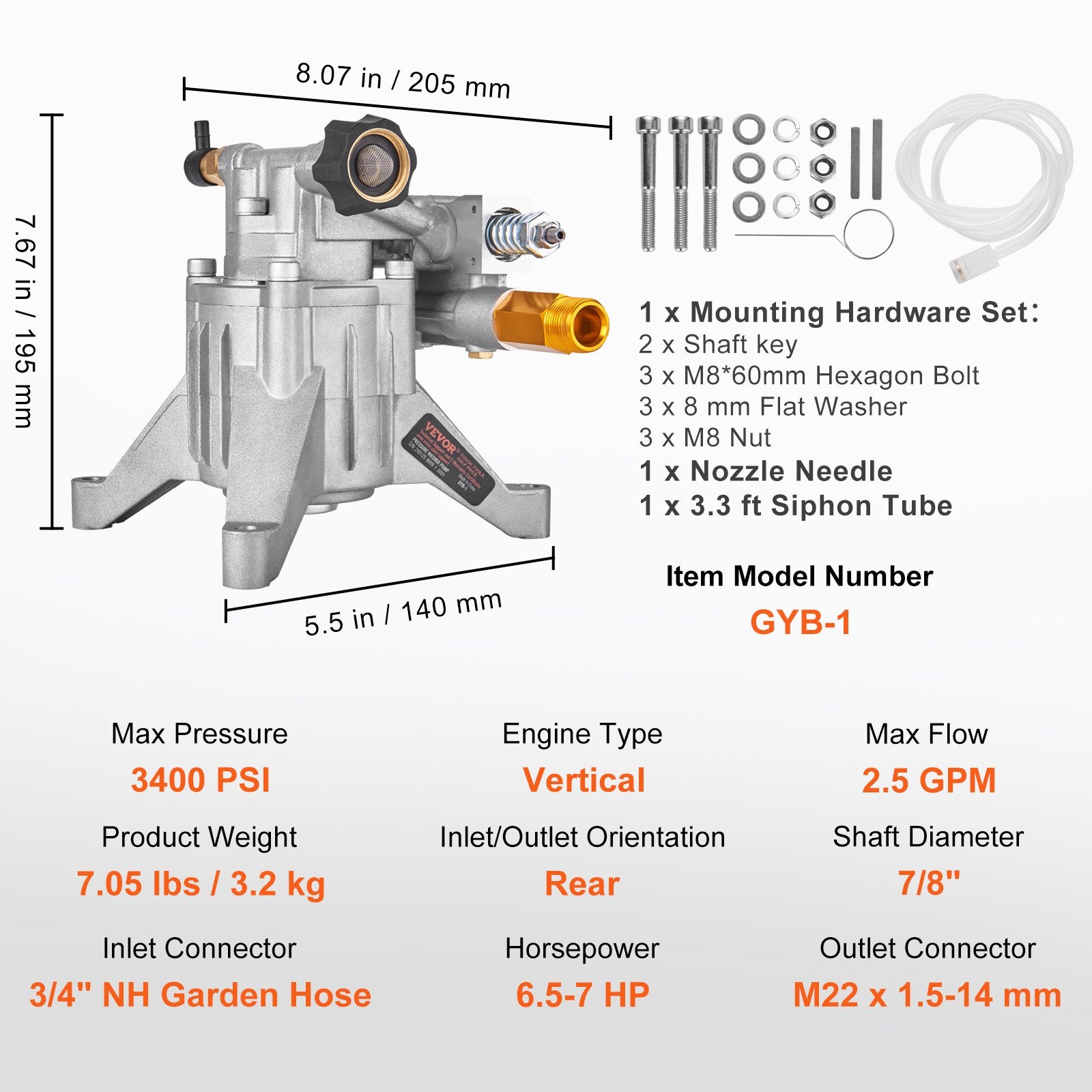 Pressure Washer Pump, 22 mm Shaft Vertical, 3400 PSI, 2.5 GPM, Replacement Power Washer Pumps Kit, Parts Washer Pump, Compatible with Honda, Simpson, RYOBI, Briggs & Stratton, Subaru, Craftsman - Image 7