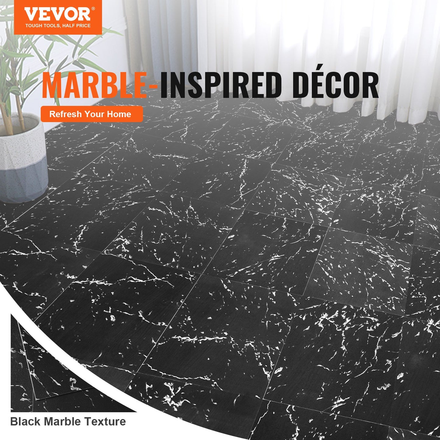 Self Adhesive Vinyl Floor Tiles 12 x 12 inch, 50 Tiles 1.5mm Thick Peel & Stick, Black Marble Texture DIY Flooring for Kitchen, Dining Room, Bedrooms & Bathrooms, Easy for Home Decor - Image 2