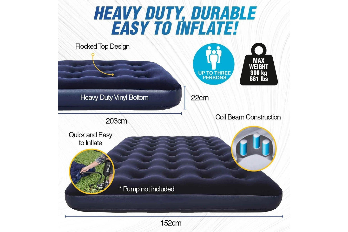 Bestway 2.03m x 1.52m x 22cm Air Mattress Queen Inflatable Air Bed Indoor/Outdoor Heavy Duty Durable Camping - Image 3