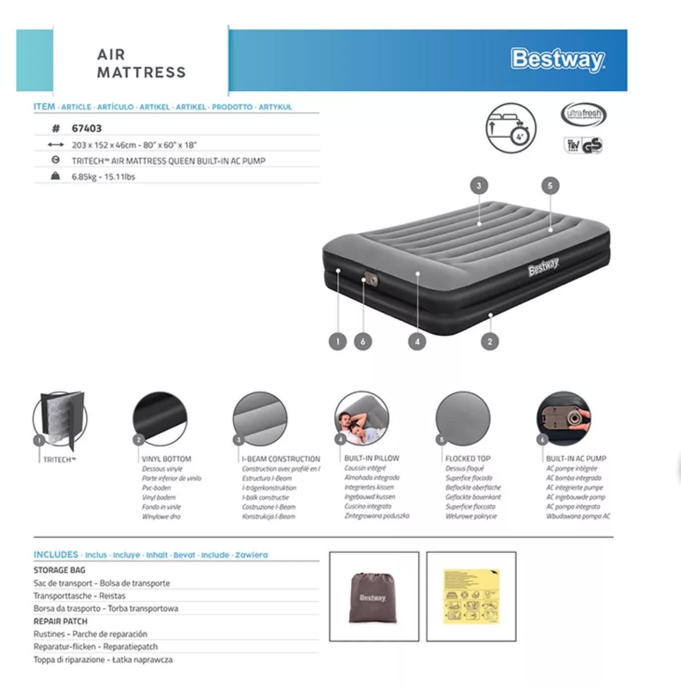 Bestway 2.03m x 1.52m x 46cm Tritech Air Mattress Queen Built-in AC pump - Image 6