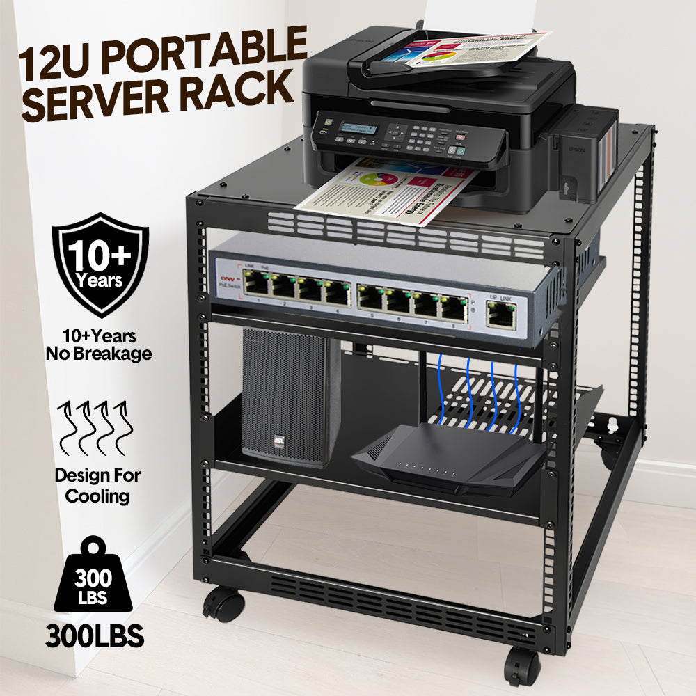 Alston 12U Open Frame Server Rack Hifi Device Rack with Vented Shelves Heavy Duty 4-Post AV/IT Network Rack Free Standing with Lockable Casters - Image 2