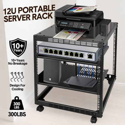 Alston 12U Open Frame Server Rack Hifi Device Rack with Vented Shelves Heavy Duty 4-Post AV/IT Network Rack Free Standing with Lockable Casters - Image 2