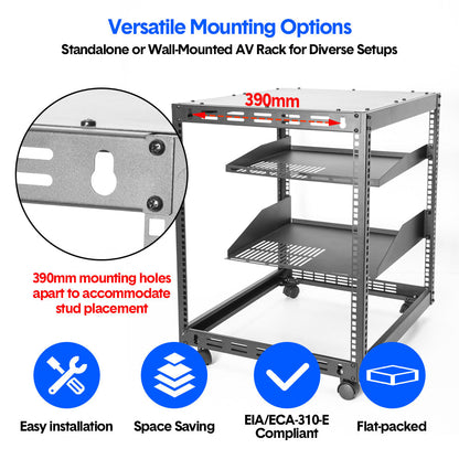 Alston 12U Open Frame Server Rack Hifi Device Rack with Vented Shelves Heavy Duty 4-Post AV/IT Network Rack Free Standing with Lockable Casters - Image 3