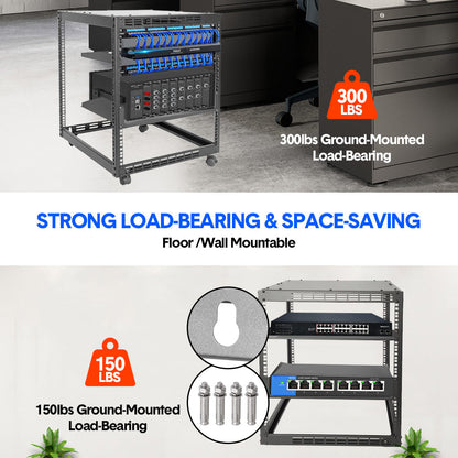 Alston 12U Open Frame Server Rack Hifi Device Rack with Vented Shelves Heavy Duty 4-Post AV/IT Network Rack Free Standing with Lockable Casters - Image 4
