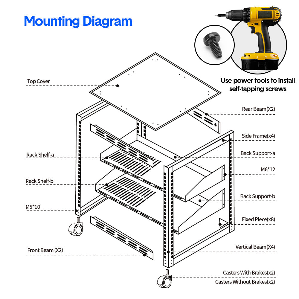 Alston 12U Open Frame Server Rack Hifi Device Rack with Vented Shelves Heavy Duty 4-Post AV/IT Network Rack Free Standing with Lockable Casters - Image 5