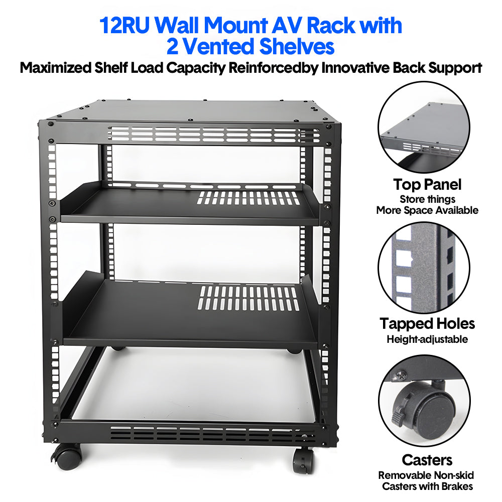 Alston 12U Open Frame Server Rack Hifi Device Rack with Vented Shelves Heavy Duty 4-Post AV/IT Network Rack Free Standing with Lockable Casters - Image 7