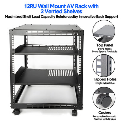 Alston 12U Open Frame Server Rack Hifi Device Rack with Vented Shelves Heavy Duty 4-Post AV/IT Network Rack Free Standing with Lockable Casters - Image 7