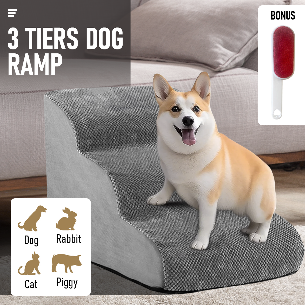 3 Tiers Dog Ramp Non-Slip Pet Steps Cat Stairs Foam Soft Pet Slope Max 40LBS Load for High Beds Sofa Couches With Zippered Washable Corduroy Cover Indoor - Image 2