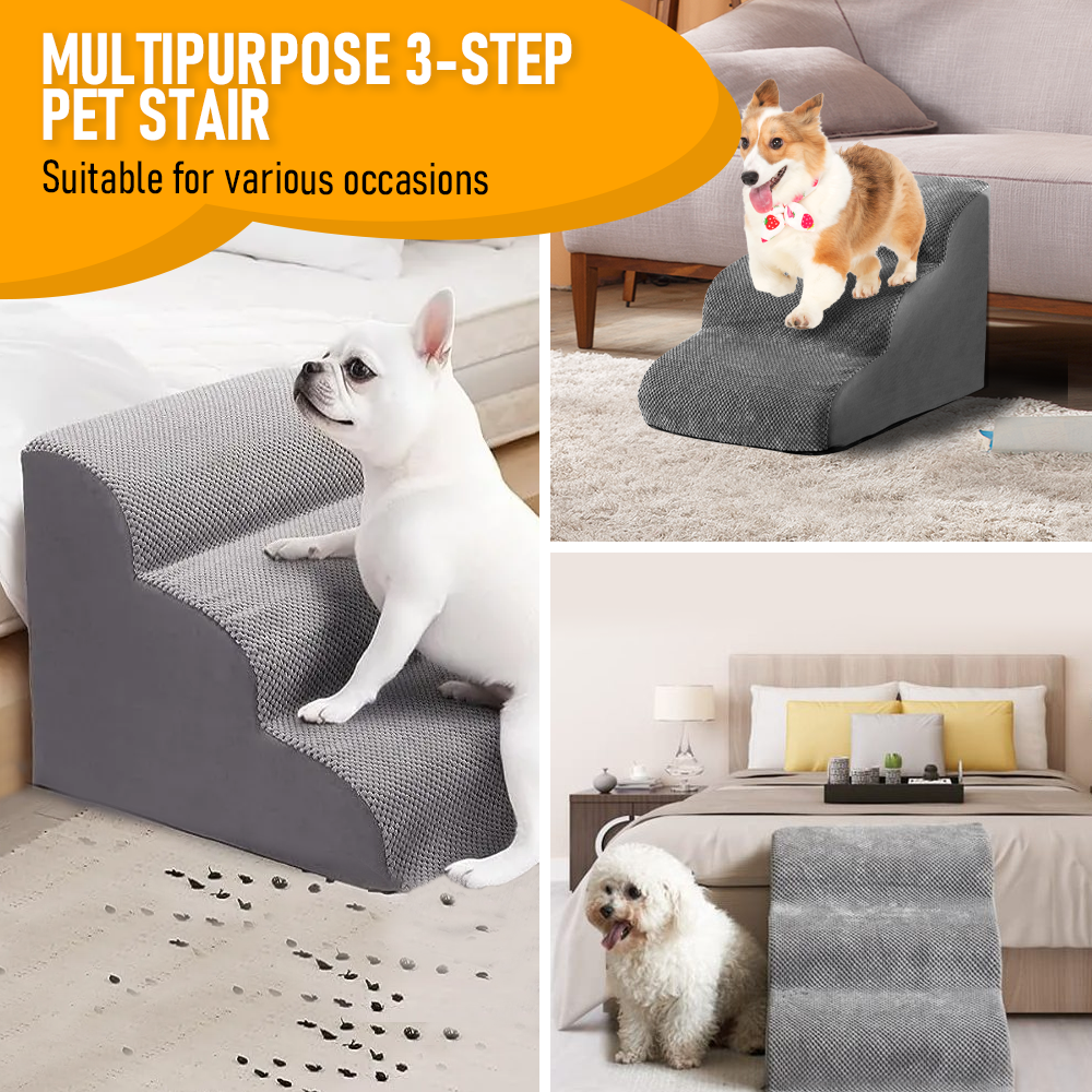 3 Tiers Dog Ramp Non-Slip Pet Steps Cat Stairs Foam Soft Pet Slope Max 40LBS Load for High Beds Sofa Couches With Zippered Washable Corduroy Cover Indoor - Image 4
