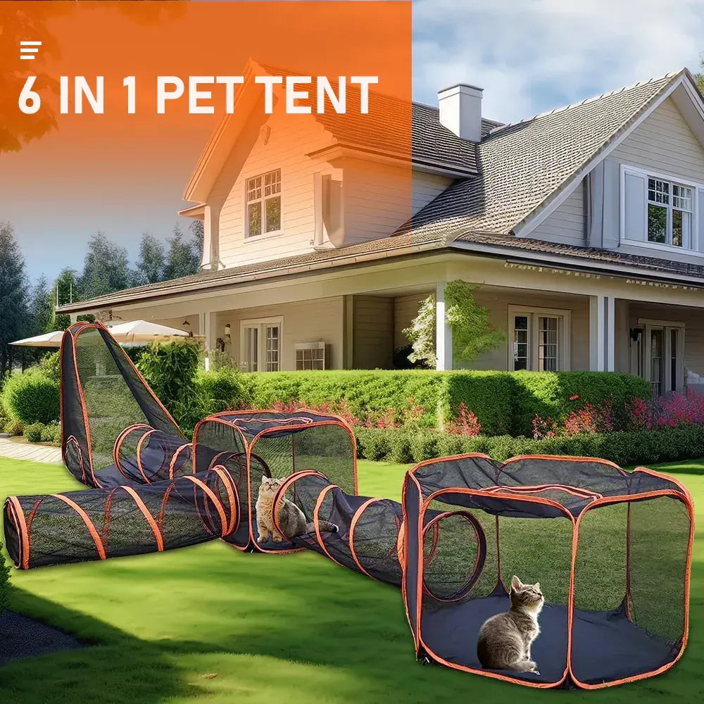6 in1 Outdoor Portable Pet Cat Playpen Folding Pop Up Mesh Play Tent Tunnel House Enclosures Portable with Storage Bag for Indoor and Outdoor - Image 2