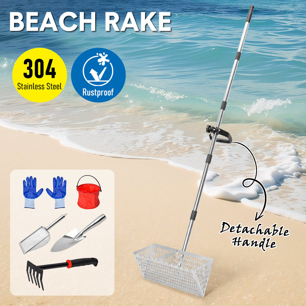 Beach Rake Stainless Steel Sand Flea Rake 140cm Long Detachable Handle and Shark Tooth Wide Sifter for Easy Sand Flea Removal with Bonus Basket and Tools - Image 2