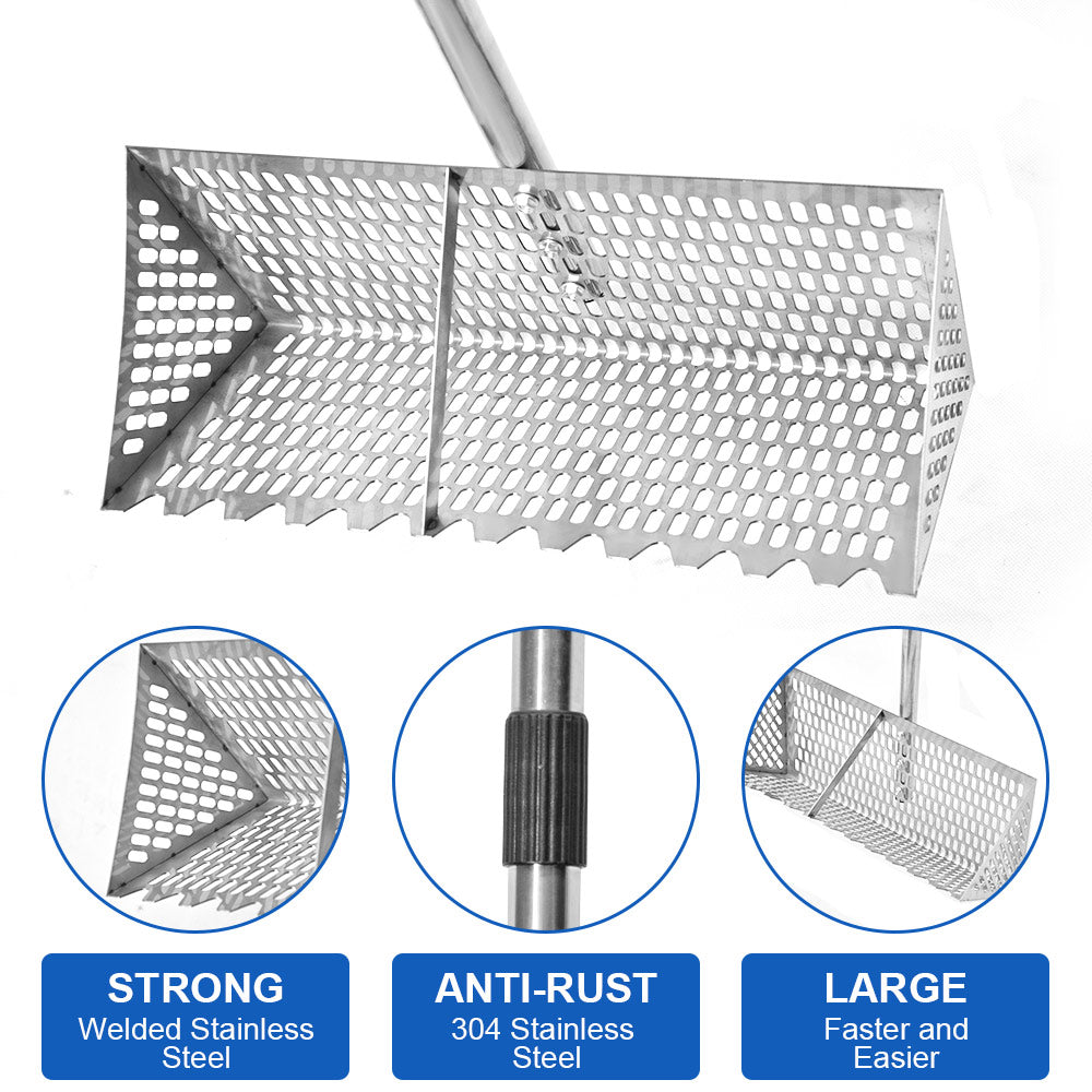 Beach Rake Stainless Steel Sand Flea Rake 140cm Long Detachable Handle and Shark Tooth Wide Sifter for Easy Sand Flea Removal with Bonus Basket and Tools - Image 3