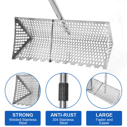 Beach Rake Stainless Steel Sand Flea Rake 140cm Long Detachable Handle and Shark Tooth Wide Sifter for Easy Sand Flea Removal with Bonus Basket and Tools - Image 3