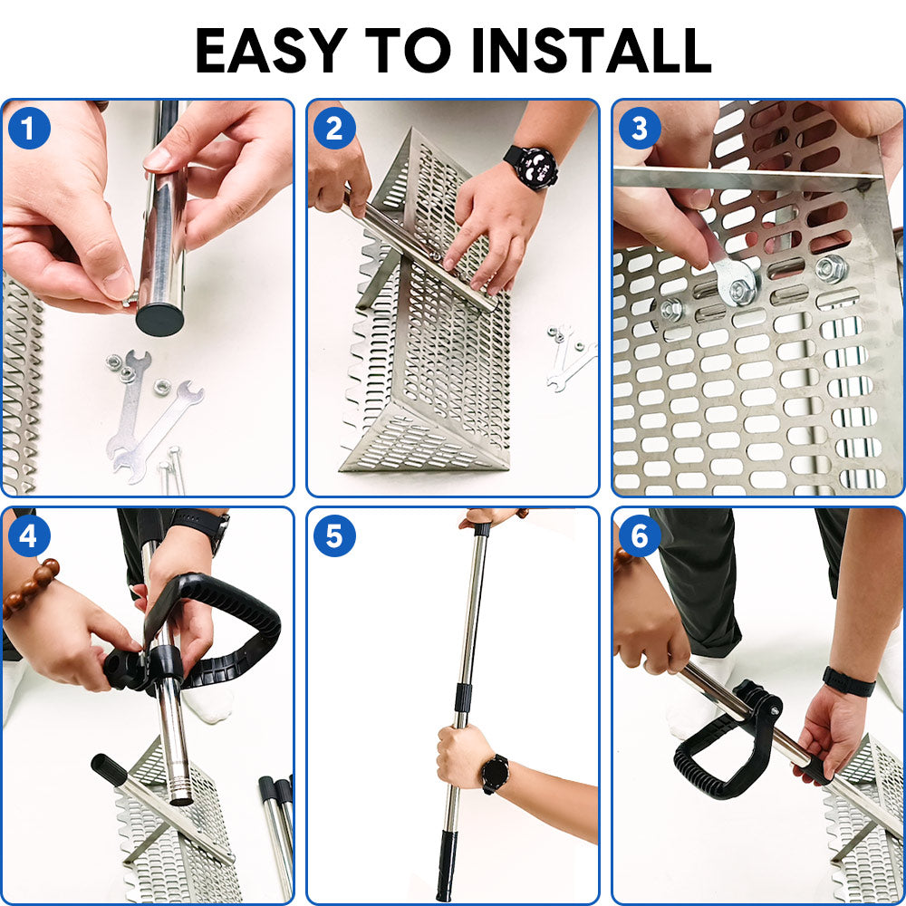 Beach Rake Stainless Steel Sand Flea Rake 140cm Long Detachable Handle and Shark Tooth Wide Sifter for Easy Sand Flea Removal with Bonus Basket and Tools - Image 4