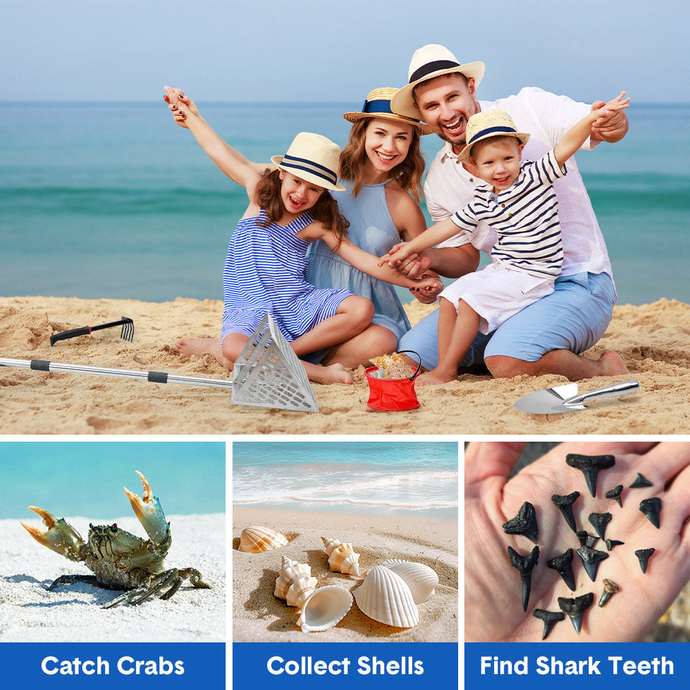 Beach Rake Stainless Steel Sand Flea Rake 140cm Long Detachable Handle and Shark Tooth Wide Sifter for Easy Sand Flea Removal with Bonus Basket and Tools - Image 8