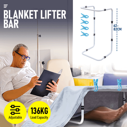 Blanket Lifter Bar 62-82cm Height Adjustable Feet Tent Steel Bed Cradle Max Load 136kg with 4 Clips for Feet Toes Leg Knee Ankle Post Surgery Recovery - Image 2