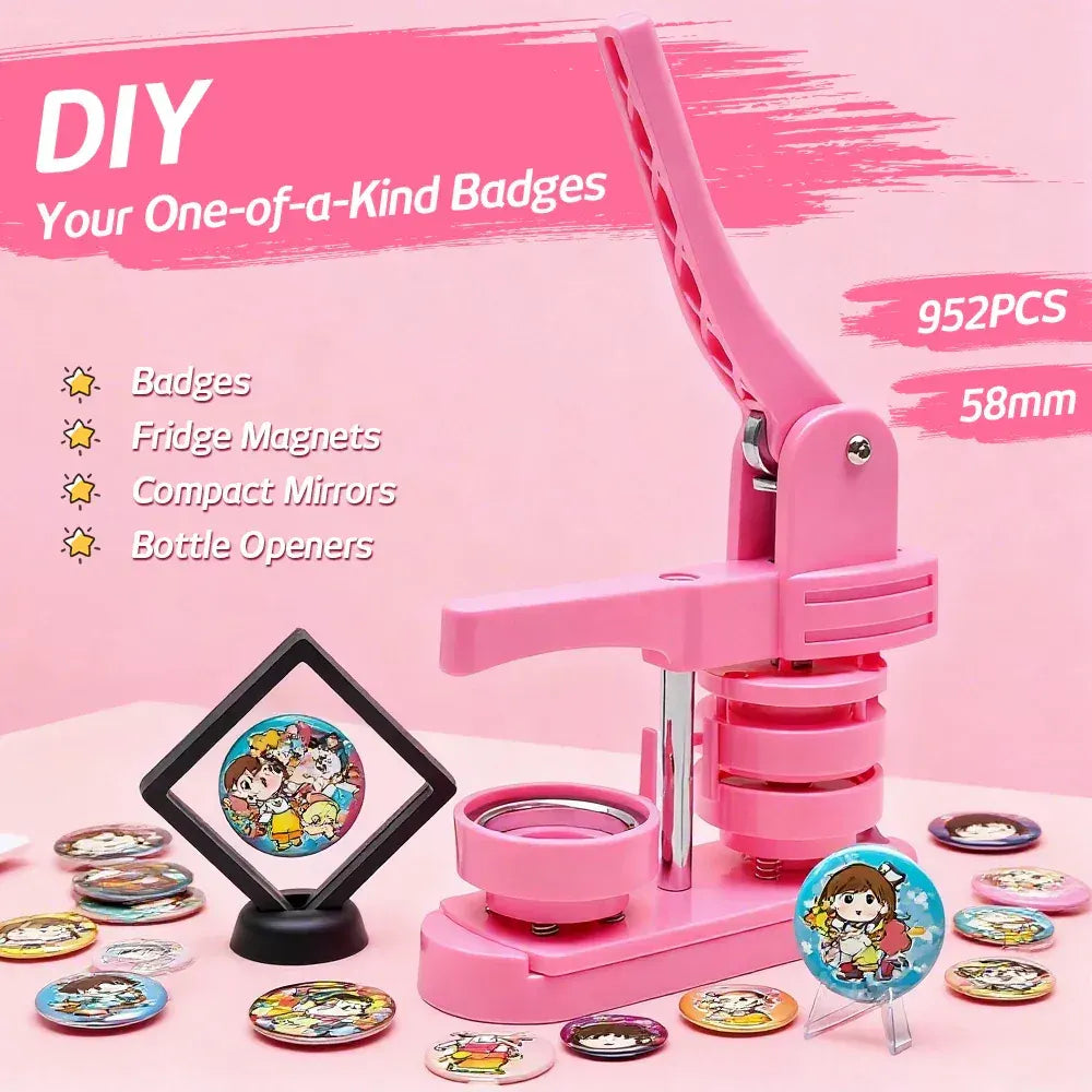 58mm Button Maker Machine DIY Badge Making Pin Press Machine with All-Inclusive Accessories for Custom Pin Badges Mirrors Fridge Magnets Gift Set Pink - Image 2