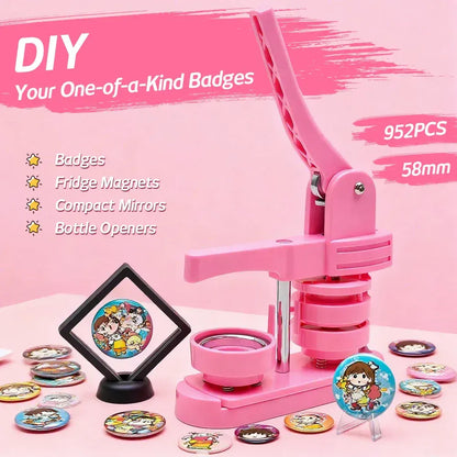 58mm Button Maker Machine DIY Badge Making Pin Press Machine with All-Inclusive Accessories for Custom Pin Badges Mirrors Fridge Magnets Gift Set Pink - Image 2