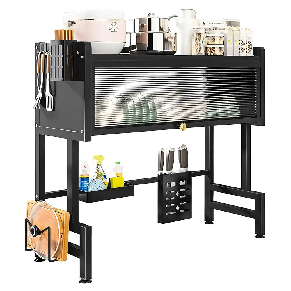 Over The Sink Dish Drying Rack Carbon Steel Dish Drainer Drying Rack 85cm Long Sink Caddy with Door and Multiple Utensils Holders Large Capacity