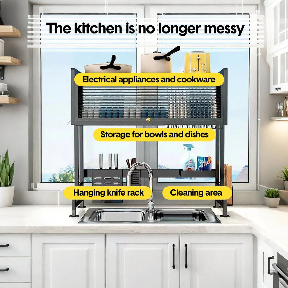 Over The Sink Dish Drying Rack Carbon Steel Dish Drainer Drying Rack 85cm Long Sink Caddy with Door and Multiple Utensils Holders Large Capacity - Image 4