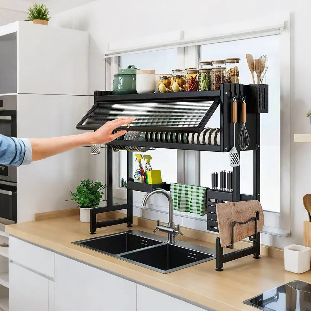 Over The Sink Dish Drying Rack Carbon Steel Dish Drainer Drying Rack 85cm Long Sink Caddy with Door and Multiple Utensils Holders Large Capacity - Image 9