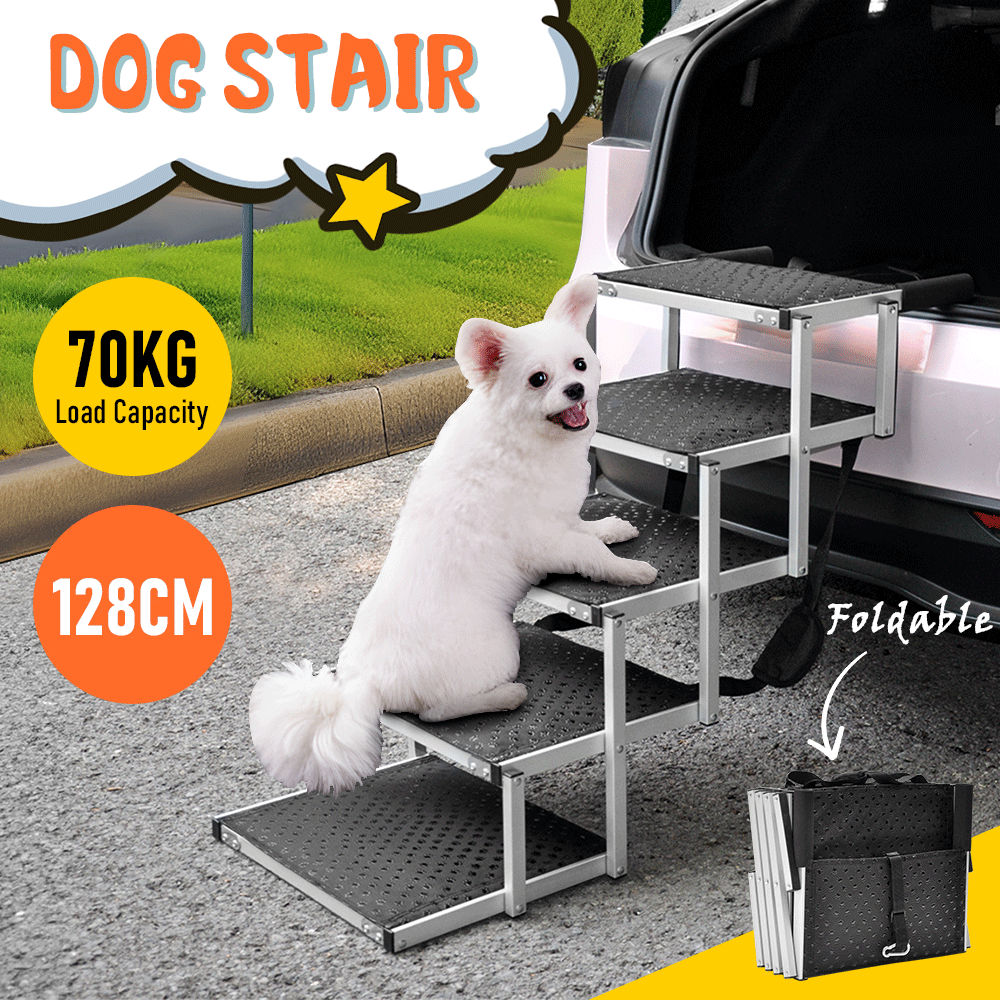 Folding Dog Stair Lightweight Aluminium Dog Ramp Adjustable Height 5 Steps Pet Ladder Loads up to 70Kg with Non-Slip Surface for Cars Trunk SUV Trucks - Image 2