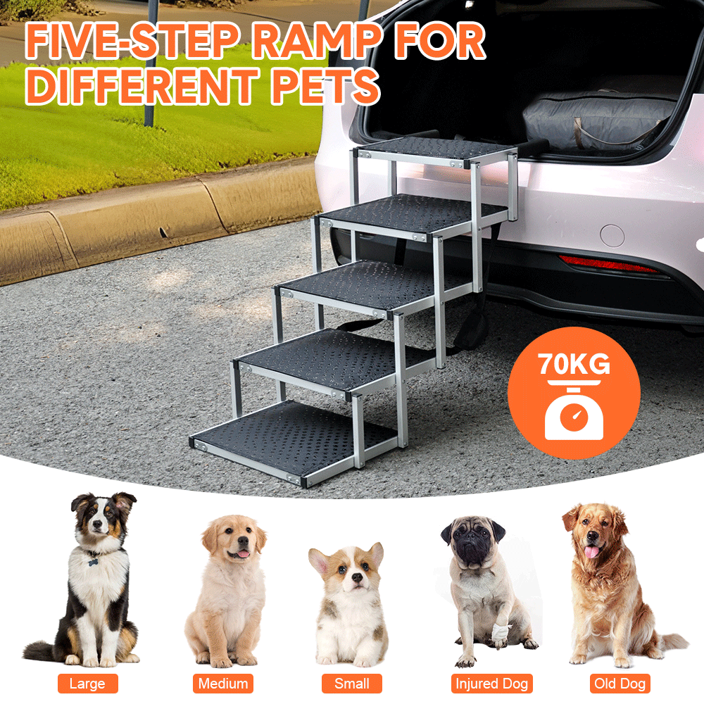 Folding Dog Stair Lightweight Aluminium Dog Ramp Adjustable Height 5 Steps Pet Ladder Loads up to 70Kg with Non-Slip Surface for Cars Trunk SUV Trucks - Image 3