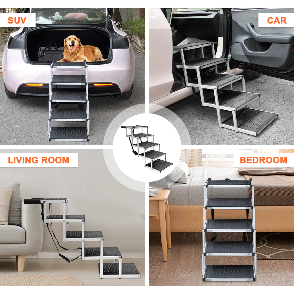 Folding Dog Stair Lightweight Aluminium Dog Ramp Adjustable Height 5 Steps Pet Ladder Loads up to 70Kg with Non-Slip Surface for Cars Trunk SUV Trucks - Image 8