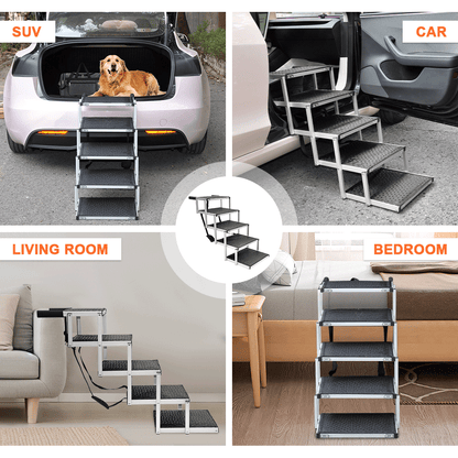 Folding Dog Stair Lightweight Aluminium Dog Ramp Adjustable Height 5 Steps Pet Ladder Loads up to 70Kg with Non-Slip Surface for Cars Trunk SUV Trucks - Image 8