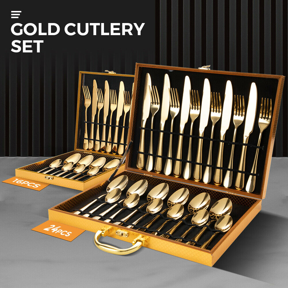 Gold Cutlery Set Kitchen Stainless Steel Fork Knife Spoon Flatware Cutlery Gift For Party Restaurant Dishwasher Safe 24pcs with Carry Box - Image 2