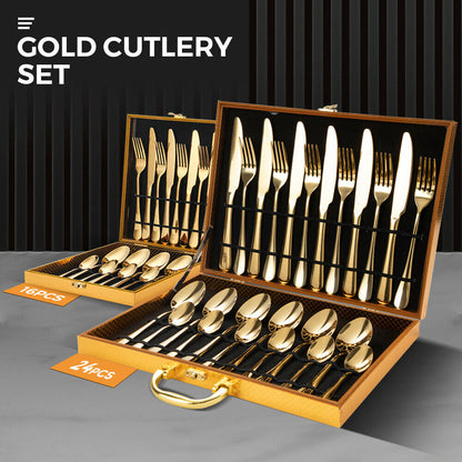 Gold Cutlery Set Kitchen Stainless Steel Fork Knife Spoon Flatware Cutlery Gift For Party Restaurant Dishwasher Safe 24pcs with Carry Box - Image 2