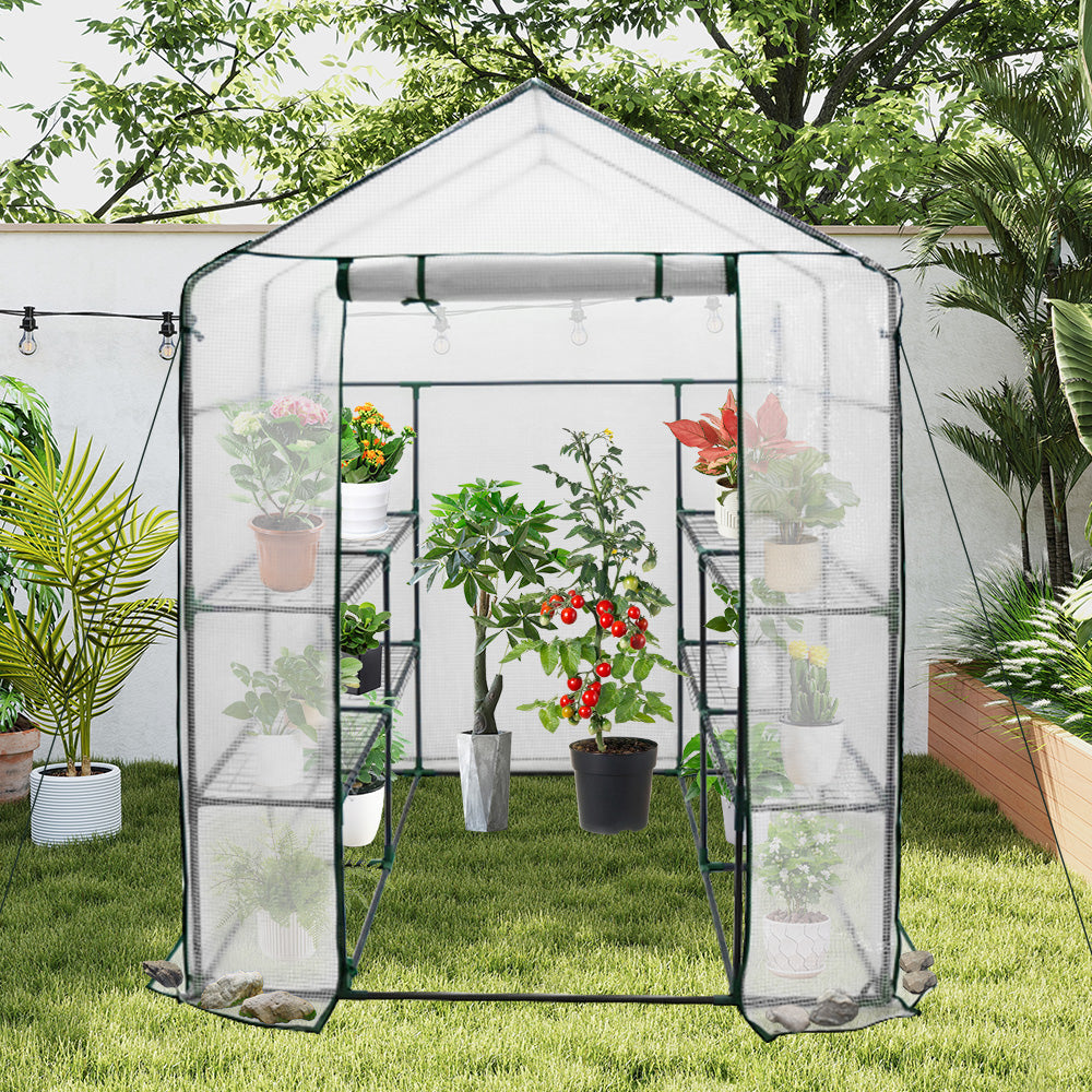 Greenhouse Walk-In Tunnel 3 Tier Planting Shelves 143x143x195cm Strong Stability with PE Cover Roll-up Zipper Door and Window for Outdoor Vegetable Plants - Image 2