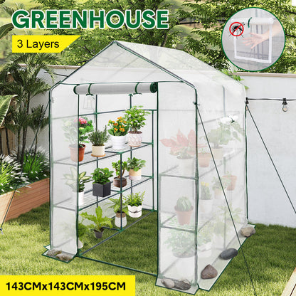 Greenhouse Walk-In Tunnel 3 Tier Planting Shelves 143x143x195cm Strong Stability with PE Cover Roll-up Zipper Door and Window for Outdoor Vegetable Plants - Image 3