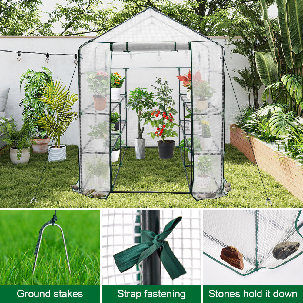 Greenhouse Walk-In Tunnel 3 Tier Planting Shelves 143x143x195cm Strong Stability with PE Cover Roll-up Zipper Door and Window for Outdoor Vegetable Plants - Image 5