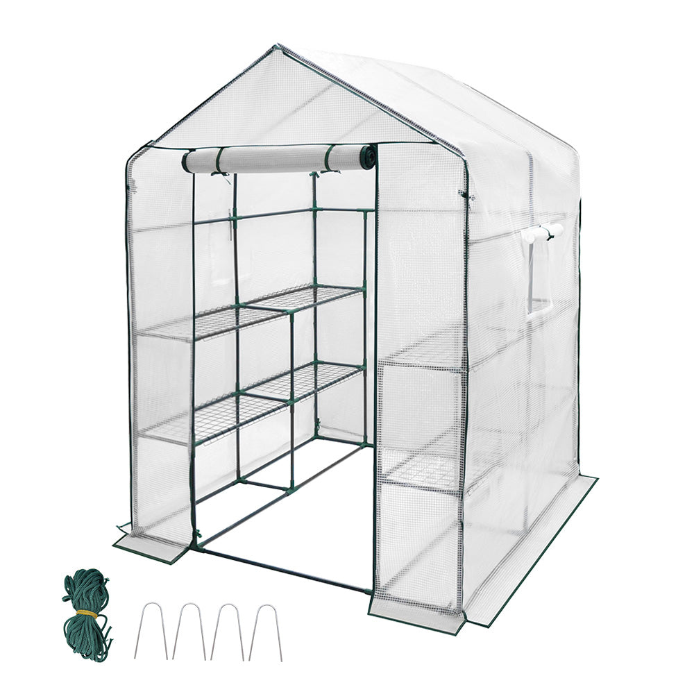 Greenhouse Walk-In Tunnel 3 Tier Planting Shelves 143x143x195cm Strong Stability with PE Cover Roll-up Zipper Door and Window for Outdoor Vegetable Plants - Image 7