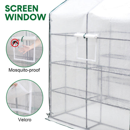 Greenhouse Walk-In Tunnel 3 Tier Planting Shelves 143x143x195cm Strong Stability with PE Cover Roll-up Zipper Door and Window for Outdoor Vegetable Plants - Image 9