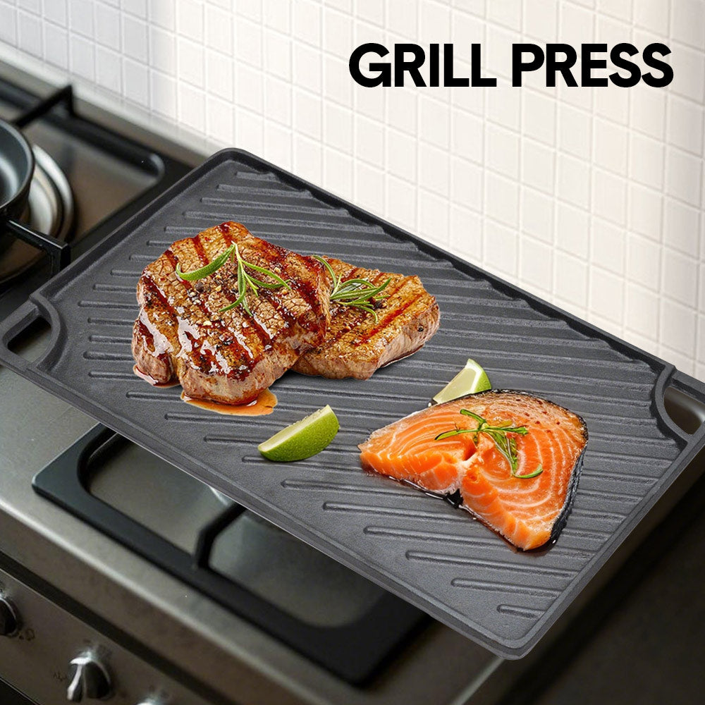 Reversible Cast Iron Griddle Rectangular BBQ Plate 43x24cm Double-Sided Flat Top Griddle Pan and Grooved Grill for Gas Stovetop Oven and Open Fire Black - Image 2