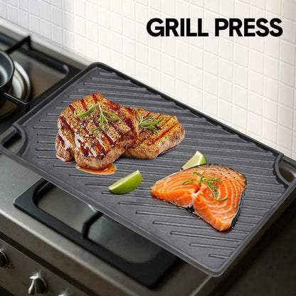 Reversible Cast Iron Griddle Rectangular BBQ Plate 43x24cm Double-Sided Flat Top Griddle Pan and Grooved Grill for Gas Stovetop Oven and Open Fire Black - Image 2