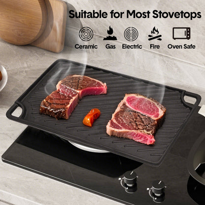 Reversible Cast Iron Griddle Rectangular BBQ Plate 43x24cm Double-Sided Flat Top Griddle Pan and Grooved Grill for Gas Stovetop Oven and Open Fire Black - Image 6