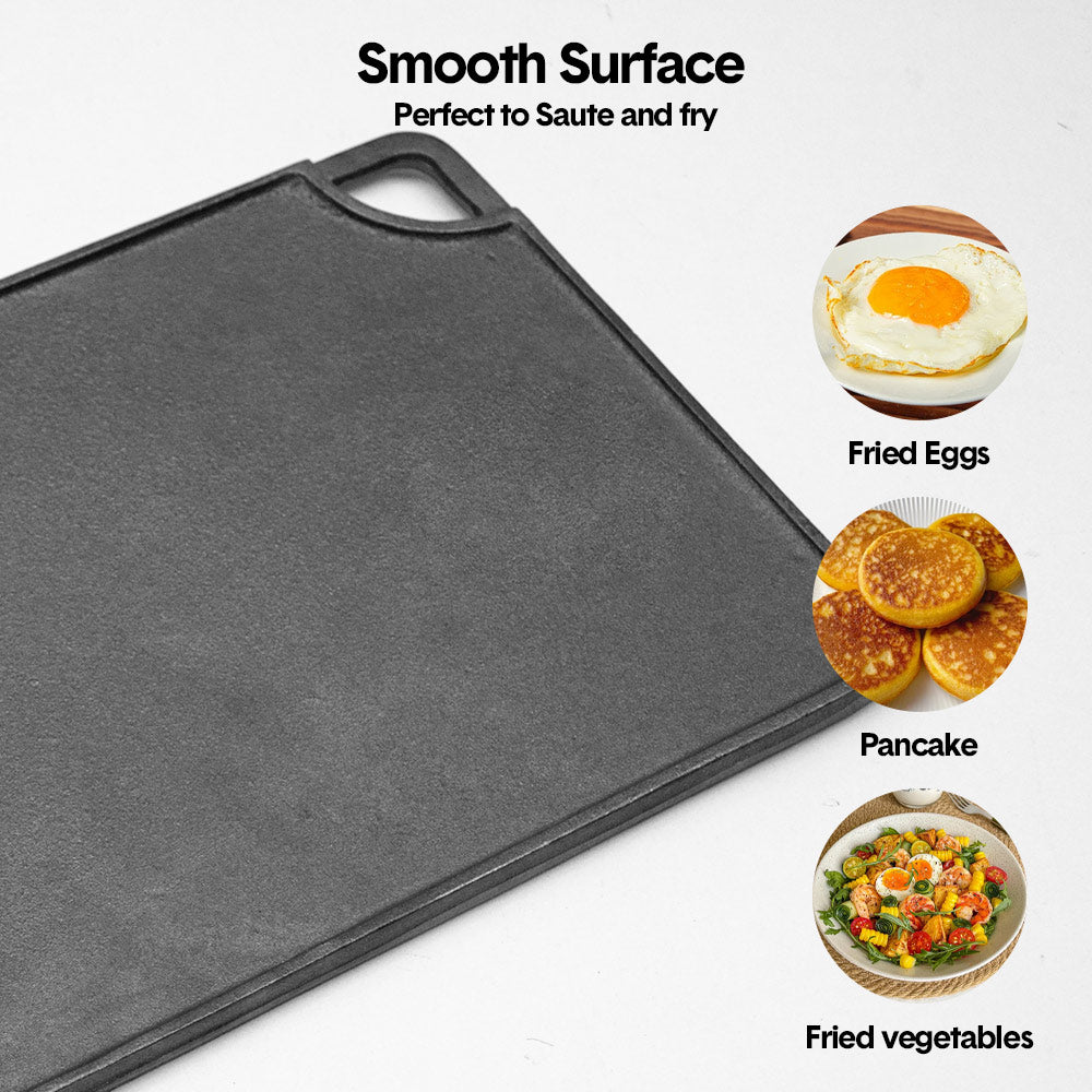 Reversible Cast Iron Griddle Rectangular BBQ Plate 43x24cm Double-Sided Flat Top Griddle Pan and Grooved Grill for Gas Stovetop Oven and Open Fire Black - Image 7