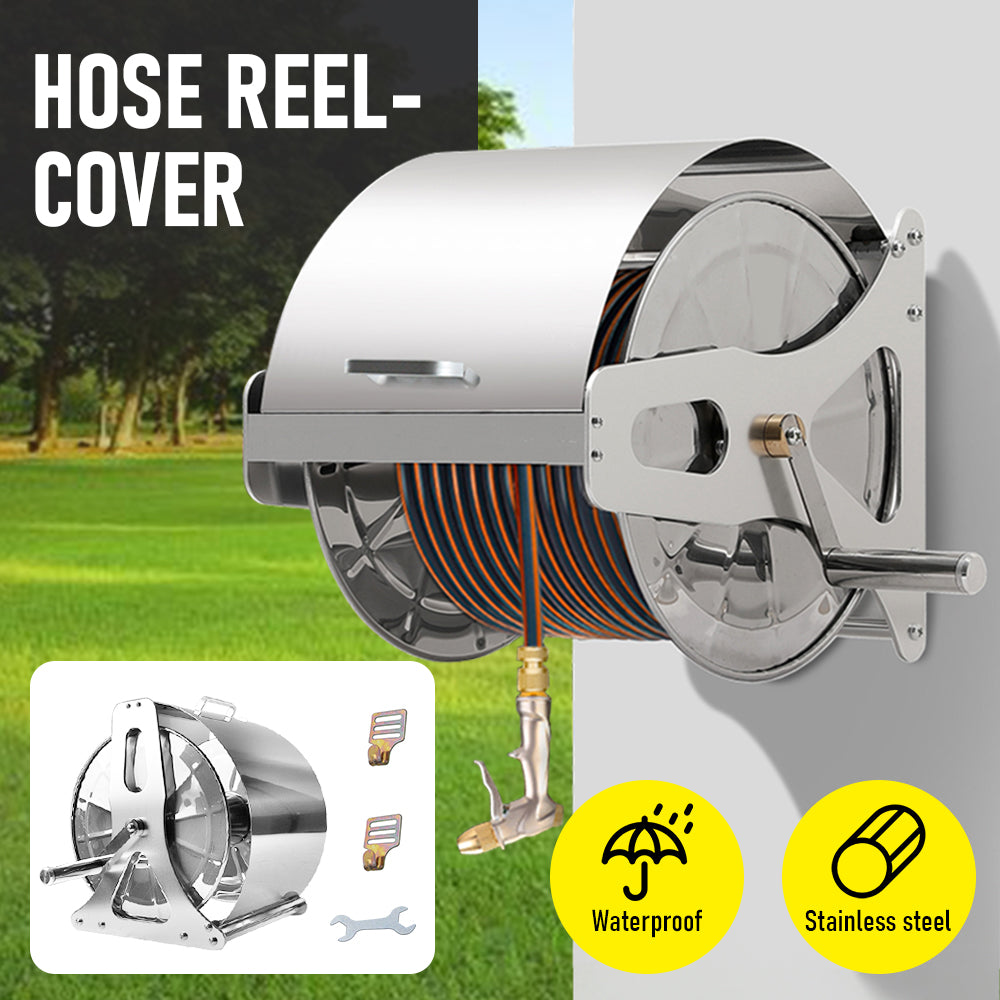 Large Stainless Steel Garden Hose Reel Cart Portable Pipe Holder With Rainproof Sunscreen Protection Lid and Crank Handle - Image 2