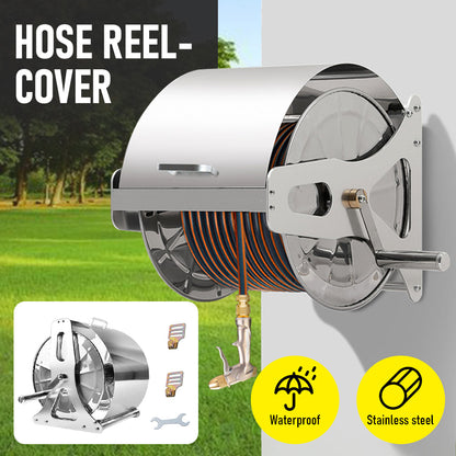 Large Stainless Steel Garden Hose Reel Cart Portable Pipe Holder With Rainproof Sunscreen Protection Lid and Crank Handle - Image 2