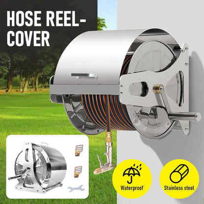 Large Stainless Steel Garden Hose Reel Cart Portable Pipe Holder With Rainproof Sunscreen Protection Lid and Crank Handle - Image 2