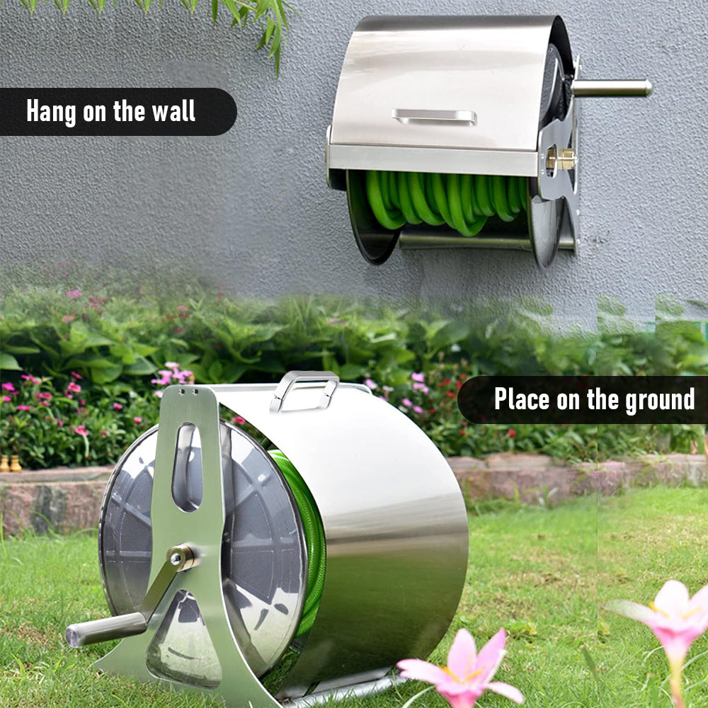 Large Stainless Steel Garden Hose Reel Cart Portable Pipe Holder With Rainproof Sunscreen Protection Lid and Crank Handle - Image 3