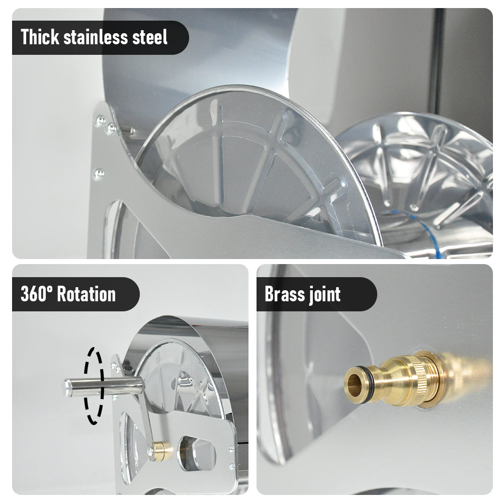 Large Stainless Steel Garden Hose Reel Cart Portable Pipe Holder With Rainproof Sunscreen Protection Lid and Crank Handle - Image 4
