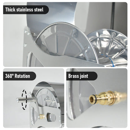 Large Stainless Steel Garden Hose Reel Cart Portable Pipe Holder With Rainproof Sunscreen Protection Lid and Crank Handle - Image 4