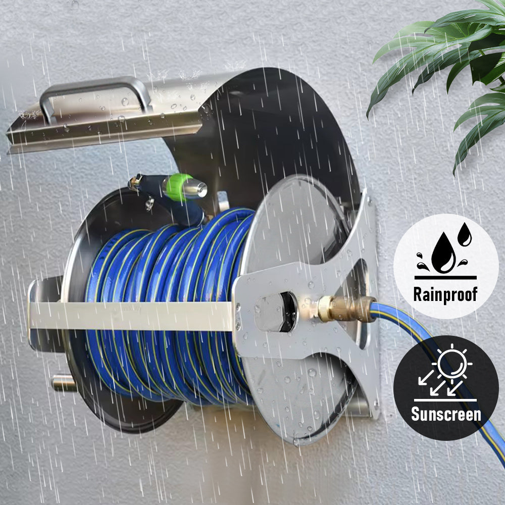Large Stainless Steel Garden Hose Reel Cart Portable Pipe Holder With Rainproof Sunscreen Protection Lid and Crank Handle - Image 6
