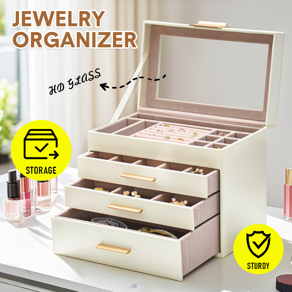 4 Layer Jewelry Box PU Leather Jewellery Organizer Multi-functional Storage Case with Clear Glass Lid and 3 Drawers for Necklaces Rings Earrings Watches - Image 3