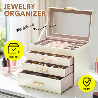 4 Layer Jewelry Box PU Leather Jewellery Organizer Multi-functional Storage Case with Clear Glass Lid and 3 Drawers for Necklaces Rings Earrings Watches - Image 3