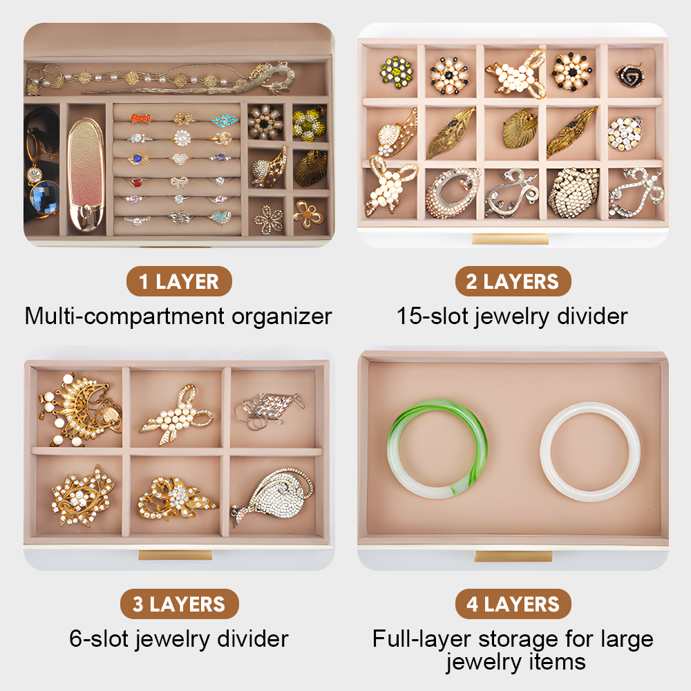 4 Layer Jewelry Box PU Leather Jewellery Organizer Multi-functional Storage Case with Clear Glass Lid and 3 Drawers for Necklaces Rings Earrings Watches - Image 4